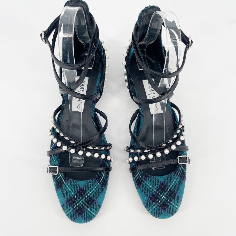 Jimmy Choo Celestia 25 Peacock Tartan Pearl Studded Mary Jane Flats IT 37.5 - Picture 5 of 13